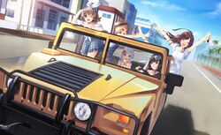  5girls ahoge alcohol arm_support arms_up bad_id bad_pixiv_id beer black_hair blue_eyes blush bow brown_eyes building car city closed_eyes corona_(brand) dress driving drunk dutch_angle eating eyewear_on_head falling flower green_eyes grin hair_flower hair_ornament hairbow hand_to_head hat highres hummer hummer_h1 looking_afar looking_to_the_side meso-meso mole mole_under_eye motor_vehicle multiple_girls open_mouth original overalls palm_tree plaid plaid_skirt reaching reaching_towards_viewer road shoes silver_hair skirt smile standing standing_on_one_leg straw_hat street sunglasses tree unworn_shoes vehicle_focus white_dress 