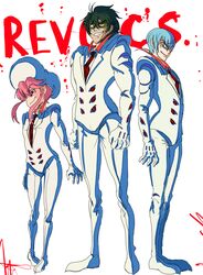  2boys alternate_costume bad_end blue_eyes blue_hair commentary_request covers_(kill_la_kill) female formal full_body glass gloves green_hair hat highres inumuta_houka jakuzure_nonon kill_la_kill living_clothes mask mike_angel multiple_boys necktie pink_eyes pink_hair sanageyama_uzu suit white_gloves 