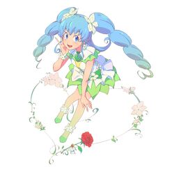  alternate_form anklet bad_id bad_pixiv_id bare_legs blue_eyes blue_hair brooch commentary_request cure_princess cure_princess_(macadamia_hula_dance) curly_sidelocks earrings female flower full_body green_skirt hair_flower hair_ornament happinesscharge_precure! heart heart_brooch highres jewelry kotobukidaifuku long_hair magical_girl oekaki precure red_flower red_rose rose shirayuki_hime shoes skirt smile solo twintails two_side_up white_background 