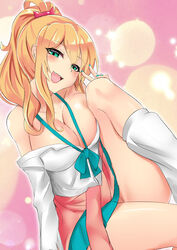  arm_at_side bare_shoulders blonde_hair bow bowtie breast_press breasts cat_hair_ornament cleavage collarbone commentary_request eyelashes female green_bow green_bowtie green_eyes green_skirt gyaru hair_ornament hajimete_no_gal hand_on_own_knee hand_up jewelry knee_to_chest knee_up kogal large_breasts looking_at_viewer loose_socks no_bra oerba_yun_fang off_shoulder pink_lips pleated_skirt ponytail school_uniform shirt sidelocks sin_(kami148) sitting skirt smile socks solo teeth thighs unbuttoned unbuttoned_shirt upper_teeth_only v white_shirt white_socks yame_yukana 