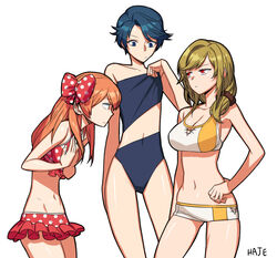  3girls artist_name bare_shoulders bikini bikini_shorts bikini_skirt blue_eyes blue_hair blue_one-piece_swimsuit bow breast_conscious breast_envy breasts brown_hair cleavage contrapposto flat_chest gekkan_shoujo_nozaki-kun hair_over_shoulder hairbow haje hand_on_own_hip hands_on_own_chest height_difference kashima_yuu large_breasts leaning_forward long_hair multiple_girls navel one-piece_swimsuit orange_hair photoshop_(medium) polka_dot polka_dot_bikini polka_dot_bow red_bikini red_eyes sakura_chiyo scrunchie seo_yuzuki short_hair short_shorts shorts simple_background small_breasts standing swept_bangs swimsuit swimsuit_tug tankini white_background 