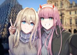  changpan_hutao changpang_hutao crossover darling_in_the_franxx horns sweater violet_evergarden violet_evergarden_(character) zero_two_(darling_in_the_franxx) 