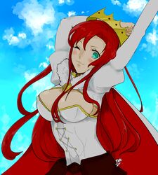  bad_id bad_pixiv_id blush boudica_(fate) boudica_(third_ascension)_(fate) breasts cape cleavage crown fate/grand_order fate_(series) female green_eyes juliet_sleeves large_breasts long_hair long_sleeves nanatsu_(nns7412) one_eye_closed puffy_sleeves red_hair shrug_(clothing) solo 