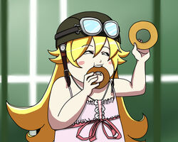  +tic_nee-san bakemonogatari blonde_hair commentary_request doughnut dress drooling eating female food goggles goggles_on_headwear helmet holding holding_food long_hair mintarou monogatari_(series) oshino_shinobu parody plump solo 