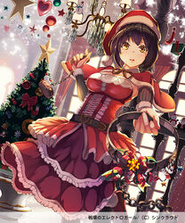  bare_shoulders bell belt bow capelet chains chandelier christmas christmas_tree commentary_request copyright_name detached_sleeves dress female gift hat heart looking_at_viewer official_art original ornament outstretched_hand photoshop_(medium) red_dress santa_hat senjou_no_electro_girl snowflakes snowman solo sparkle star_(symbol) takanori_yamada toy yellow_eyes 