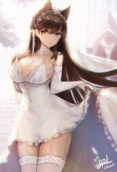  animal_ears atago_(azur_lane) atago_(lily-white_vow)_(azur_lane) azur_lane bare_shoulders black_hair breasts brick brick_wall bridal_veil brown_eyes brown_hair chromatic_aberration church cleavage commentary_request cowboy_shot dappled_sunlight dress elbow_gloves extra_ears female garter_straps gloves hair_between_eyes hair_ornament hair_ribbon hairband jewelry large_breasts long_hair mappaninatta md5_mismatch mole mole_under_eye official_alternate_costume outdoors parted_lips resolution_mismatch ribbon see-through signature skirt_hold sleeveless sleeveless_dress solo source_larger standing sunlight thighhighs veil wedding_dress white_dress white_ribbon white_thighhighs yellow_eyes 