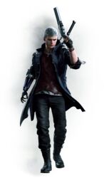  1boy 3d absurdres black_footwear black_pants blue_jacket blue_rose_(gun) boots capcom devil_breaker devil_may_cry_(series) devil_may_cry_5 facial_hair fingerless_gloves full_body gloves grey_hair gun handgun highres jacket jewelry looking_at_viewer male_focus mechanical_arms necklace nero_(devil_may_cry) official_art open_clothes open_jacket pants prosthesis prosthetic_arm realistic red_queen_(sword) red_shirt revolver shirt simple_background single_mechanical_arm solo stubble sword weapon weapon_on_back white_background white_hair zipper 