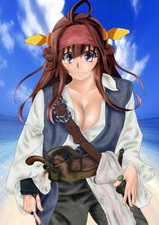  absurdres ahoge antique_firearm bandana breasts brown_hair cleavage commentary_request cosplay daisukehan0419 female firelock flintlock gun handgun headgear highres jack_sparrow jack_sparrow_(cosplay) jewelry kantai_collection kongou_(kancolle) long_hair pirates_of_the_caribbean ring weapon 