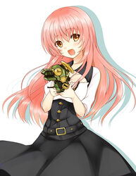  :d belt black_dress brown_eyes commentary_request dress female gatakenjin long_hair neon_scala_sumiriya open_mouth ourai_no_gahkthun photoshop_(medium) pink_hair robot smile solo steampunk_(liarsoft) white_background 