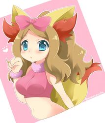  breasts crop_top curvy female female fennekin_(cosplay) long_hair medium_breasts momosemocha navel pink_shirt pokemon pokemon_xy serena_(pokemon) shirt sleeveless sleeveless_shirt solo tail 