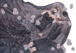  1boy 2b_(nier:automata) 9s_(nier:automata) bare_shoulders black_blindfold black_dress black_gloves black_hat black_neckwear black_shirt black_shorts blindfold breasts cleavage commentary_request covered_eyes cross dark_bride dress elbow_gloves facing_viewer female flower gloves grey_flower grey_rose hand_up hat holding_hands lace long_sleeves medium_breasts mole mole_under_mouth nier:automata nier_(series) photoshop_(medium) rose sasa_(0xxlinxx0) shirt short_hair shorts striped_clothes striped_shorts veil vest white_flower white_hair 