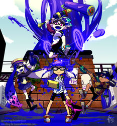  2boys 2girls ^_^ ^o^ bike_shorts blaster_(splatoon) blue_hair blue_sky brick_wall brown_eyes bucket closed_eyes commentary controller dark_skin day e-liter_3k_(splatoon) english_commentary expressionless fedora firing game_controller gamepad goggles goggles_on_head gun hat ink ink_tank_(splatoon) inkling inkling_boy inkling_girl inkling_player_character inkstrike_(splatoon) layered_sleeves logan_halloumi_(tamarinfrog) long_sleeves luna_blaster_(splatoon) marian_camembert_(tamarinfrog) multiple_boys multiple_girls outdoors paint_roller photoshop_(medium) purple_eyes rifle school_uniform shirt shoes short_over_long_sleeves short_sleeves signature sky slosher_(splatoon) sneakers sniper_rifle splat_roller_(splatoon) splatoon_(series) splatoon_1 standing super_soaker sweater t-shirt tamarinfrog tentacle_hair vadelma_lappi_(tamarinfrog) watermark weapon web_address whinter_castello_(tamarinfrog) yellow_eyes 