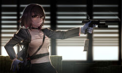  absurdres ar-15 aviator_eyewear backlighting bad_id bad_pixiv_id banknote black_choker black_jacket black_skirt blazer blue_gloves blurry blurry_background breasts brown-tinted_eyewear brown_eyes brown_hair buckle choker cleavage closed_mouth collarbone commentary_request cover currency_strap dark depth_of_field female finger_on_trigger glasses gloves gradient-tinted_eyewear gun gun_sling h&amp;k_usp handgun heckler_&amp;_koch highres holding holding_gun holding_weapon ihobus indoors jacket jewelry korean_commentary laser_sight locked_slide long_sleeves magazine_(weapon) magazine_ejection medium_breasts money open_clothes open_jacket optical_sight original payday_(series) payday_2 photoshop_(medium) pinstripe_jacket pinstripe_pattern rifle shirt shirt_tucked_in short_hair skirt smoke smoking_barrel snap-fit_buckle solo standing strap striped_clothes striped_jacket sunglasses suppressor tinted_eyewear too_many weapon white_gloves window window_blinds yellow_shirt 