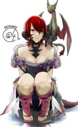  au_ra bare_shoulders black_horns black_scales black_tail breasts cleavage collarbone commentary_request dragon dragon_girl dragon_horns dragon_tail feathers female final_fantasy final_fantasy_xiv horn_ornament horn_ring horns midgardsormr_(final_fantasy) red_eyes red_hair robo8 sandals scales short_hair simple_background small_breasts smile solo squatting tail warrior_of_light_(ff14) white_background 