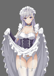  apron azur_lane belfast_(azur_lane) blush bow bow_panties braid breasts cleavage closed_mouth clothes_lift collar collarbone commentary_request dress dress_lift elbow_gloves female french_braid frilled_gloves frills garter_straps gloves grey_background grey_hair highres large_breasts lifting_own_clothes long_hair looking_at_viewer maid maid_headdress panties partial_commentary purple_eyes sidelocks simple_background skindentation smile solo standing thighhighs thighs underwear white_gloves white_panties white_thighhighs z-jun.dd-zhong 