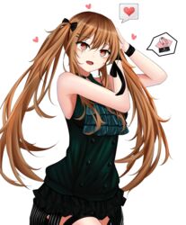  adjusting_hair black_bow black_ribbon blush bow breasts brown_hair commentary cowboy_shot dress female formal girls&#039;_frontline green_dress hair_ornament hair_ribbon hairbow hairclip hands_in_hair heart heart_print jewelry long_hair looking_at_viewer official_alternate_costume open_mouth ornate_ring paaam red_eyes ribbon ring scar scar_across_eye simple_background solo speech_bubble standing twintails ump9_(girls&#039;_frontline) ump9_(the_world&#039;s_melody)_(girls&#039;_frontline) wedding_ring wristband 