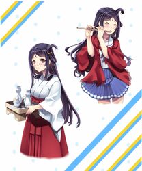  2girls black_hair bottle brown_eyes commentary_request dual_persona flute hiememiko high_school_fleet highres instrument japanese_clothes long_hair marikouji_kaede miko multiple_girls one_side_up school_uniform serafuku shawl yokosuka_girls_marine_high_school_uniform 