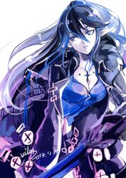  bad_id bad_pixiv_id black_hair blue_eyes blue_hair blue_shirt breasts ciel_(elsword) cleavage coat dated demon_power_(elsword) earrings elsword expressionless female genderswap_(mtf) jewelry long_hair medium_breasts pale_skin pointy_ears ponytail rule_63 shirt signature solo symbol-shaped_pupils vilor white_background 