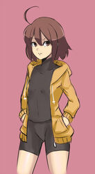  ahoge bad_id bad_tumblr_id bike_shorts brown_eyes brown_hair female flat_chest hands_in_pockets highres hood hoodie linne_(under_night_in-birth) open_clothes open_hoodie red_seiryu short_hair solo under_night_in-birth 