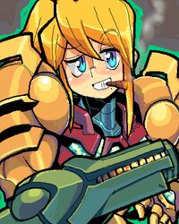  arm_cannon blonde_hair blue_eyes cigar commentary_request coso-ri female long_hair lowres metroid no_headwear samus_aran smoking solo varia_suit weapon 