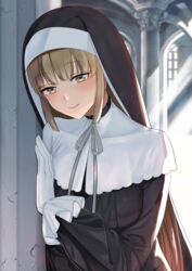  against_wall capelet church commentary_request day female gloves habit highres indoors light_brown_hair light_rays long_hair long_sleeves looking_at_viewer momosuke_(ishakry) nijisanji nun sister_claire sister_claire_(1st_costume) smile solo traditional_nun very_long_hair virtual_youtuber white_capelet white_gloves yellow_eyes 