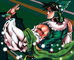  1boy alternate_color bad_id bad_pixiv_id bow cosplay detached_sleeves from_behind hair_tubes hairbow hakurei_reimu highres jojo_no_kimyou_na_bouken joseph_joestar joseph_joestar_(young) looking_at_viewer looking_back male_focus muscular scarf solo toluda touhou watch white_sleeves wristwatch yin_yang 