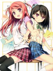  2girls :d absurdres black_hair black_legwear blush bow bowtie chair cropped dress_shirt hair_ornament hair_ribbon hair_scrunchie highres kantoku kneehighs kurumi_(kantoku) long_hair looking_at_viewer multiple_girls necktie non-web_source one_side_up open_mouth original outstretched_arm outstretched_hand plaid plaid_skirt pleated_skirt purple_eyes red_hair ribbon scan school_chair school_uniform scrunchie shared_chair shirt shizuku_(kantoku) short_sleeves side_ponytail sitting skirt smile socks star_(symbol) striped_clothes striped_scrunchie sweater_vest thighhighs two_side_up white_legwear white_ribbon zettai_ryouiki 