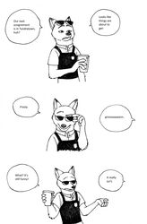  2016 anthro bad_joke bernielover beverage black_and_white canid canine clothed clothing coffee container cup disney disposable_cup english_text eyewear food fox fur hi_res holding_container holding_cup holding_object male mammal monochrome nick_wilde offscreen_character red_fox simple_background solo speech_bubble text true_fox uniform white_background zootopia 