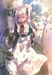  apron arm_at_side black_dress black_ribbon blue_eyes bug butterfly butterfly_on_hand closed_mouth commentary_request dappled_sunlight dress eyebrows eyelashes fate/grand_order fate_(series) female flower frills from_above grey_hair hair_ribbon hatou_midori highres juliet_sleeves leaf light_particles long_hair long_sleeves looking_at_viewer looking_down maid maid_headdress marie_antoinette_(animejapan_2016)_(fate) marie_antoinette_(fate) neck_ribbon official_alternate_costume outdoors plaid plant puffy_sleeves ribbon shade sidelocks sitting smile solo sunlight twintails very_long_hair white_apron window 