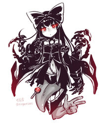  abyssal_ship black_bow black_hair bow candy chains chibi choker commentary_request female food glowing glowing_eyes gothic_lolita hairbow kantai_collection ko-on_(ningen_zoo) lolita_fashion lollipop long_hair navel red_eyes seaplane_tender_princess solo spikes tongue twitter_username 