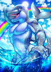  anthro anthrofied athletic athletic_anthro athletic_male casual_nudity cetacean cloud day dolphin eyebrows featureless_crotch fin frutiger_aero glistening glistening_body grey_body hand_behind_head happy hi_res humanoid_hands light male mammal marine muttasaur navel nude open_mouth open_smile outie_navel outside partially_submerged rainbow raised_arm sea shaded sharp_teeth sky smile solo sparkles splash standing sun sunlight tail tail_fin teeth tongue toothed_whale underbelly water yellow_eyes 