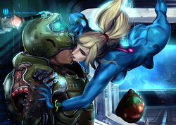  1boy 1girl1boy 1girls armor ass bethesda_softworks blonde_hair bodysuit crossover crossover_pairing crossover_shipping doom doom_slayer_(doom) eastern_and_western_character female helmet id_software kissing love makeup male male/female metroid nintendo ponytail romantic samus_aran straight tagme the_monsterwolf wholesome zero_gravity zero_suit zero_suit_samus 