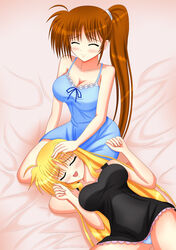  2girls bed blonde_hair breasts closed_eyes couple fate_testarossa graphite_(medium) happy lap_pillow long_hair lying lyrical_nanoha mahou_shoujo_lyrical_nanoha_strikers mahou_shoujo_lyrical_nanoha_vivid multiple_girls orange_hair panties raikkonen713 side_ponytail simple_background sitting sleepwear smile takamachi_nanoha traditional_media underwear very_long_hair yuri 