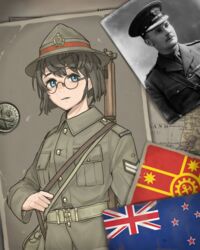  1boy absurdres belt blue_eyes blush bolt_action breast_pocket brown_hair brown_headwear brown_shirt collared_shirt female glasses gun gun_on_back hat hearts_of_iron highres kaiserreich lee-enfield long_sleeves looking_at_viewer military military_uniform new_zealand new_zealand_flag original parted_lips photo_(object) pocket pzkpfwi rifle round_eyewear shirt short_hair uniform weapon weapon_on_back 