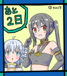  2girls ahoge artist_name bare_shoulders black_gloves black_hair blue_eyes blush breasts commentary_request elbow_gloves fa_(rpg_fudousan) gloves grey_hair hair_between_eyes looking_at_viewer multiple_girls official_art rakira_(rpg_fudousan) red_eyes rpg_fudousan sleeveless small_breasts smile taniguchi_motohiro twintails upper_body v 