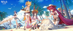  1boy 3d 6+girls :d absurdly_long_hair absurdres amiya_(arknights) animal_ears ankle_cuffs anklet ansel_(arknights) ansel_(casual_vacation)_(arknights) arknights arm_up ball bare_arms bare_legs bare_shoulders barefoot baseball_cap beach_chair beach_umbrella beachball bikini bikini_skirt bird black_bikini blonde_hair blue_eyes blue_hair blue_sky bra_strap braid breasts brown_hair ch&#039;en_(arknights) chinese_commentary cleavage cloud commentary_request copyright_name day dragon_horns dragon_tail ears_through_headwear emperor_(arknights) female_tourist_c_(arknights) flower food_truck from_behind grey_shorts gummy_(arknights) gummy_(summer_flowers)_(arknights) hat hat_flower highres holding holding_ball holding_tray horns horns_through_headwear ifrit_(arknights) ifrit_(sunburn)_(arknights) jewelry kneeling long_hair medium_breasts miniskirt motor_vehicle multiple_girls navel neck_ring official_alternate_costume open_mouth outdoors palm_tree penguin photoshop_(medium) pink_shirt pointy_ears puffy_short_sleeves puffy_sleeves rabbit_boy rabbit_ears red_eyes red_flower red_hair ring sandals see-through shirt short_hair short_shorts short_sleeves shorts sitting skirt sky skyfire_(arknights) smile sora_(arknights) sora_(summer_flowers)_(arknights) standing standing_on_one_leg starfish stomach sun_hat swimsuit tail thigh_strap thighlet thighs thumb_ring tray tree twin_braids umbrella van very_long_hair vigna_(arknights) vigna_(casual_vacation)_(arknights) watch white_bikini white_skirt wolf_ears wristwatch yellow_eyes z-ao 