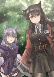  2girls animal_ears arknights belt black_belt black_dress black_gloves black_hair black_legwear black_necktie breasts brown_eyes cat_ears commentary cowboy_shot dress earrings gloves hair_between_eyes highres jacket jewelry kiyakyuu large_breasts long_hair long_sleeves looking_at_viewer multiple_girls necktie open_clothes open_jacket open_mouth outdoors pantyhose provence_(arknights) purple_vest red_jacket short_dress skyfire_(arknights) standing striped_clothes tail vertical-striped_clothes vertical-striped_necktie vest wolf_tail 