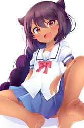  :d aru_(arudes) barefoot black_hair blue_skirt blush braid brown_eyes collarbone cosplay dark-skinned_female dark_skin female highres jahy jahy-sama_wa_kujikenai! long_hair looking_at_viewer oerba_yun_fang open_mouth pleated_skirt single_braid sitting skirt smile solo tanemura_koyori tanemura_koyori_(cosplay) watashi_ni_tenshi_ga_maiorita! 