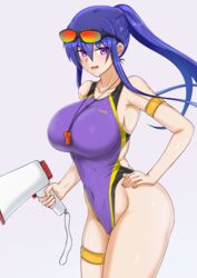  akiyama_rinko blue_hair breasts commentary_request competition_swimsuit covered_navel cowboy_shot eyewear_on_head female grey_background hand_on_own_hip highleg highleg_swimsuit highres large_breasts lifeguard long_hair looking_at_viewer megaphone one-piece_swimsuit purple_eyes purple_one-piece_swimsuit rekka_(alo4610) sidelocks simple_background solo sports_sunglasses standing sunglasses swimsuit taimanin_(series) taimanin_rpgx taimanin_yukikaze whistle whistle_around_neck 