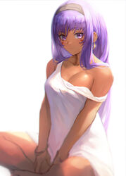  alternate_costume bare_shoulders barefoot breasts cleavage collarbone dark-skinned_female dark_skin earrings facial_mark fate/grand_order fate_(series) feet_out_of_frame female hairband highres hoop_earrings jewelry long_hair looking_at_viewer medium_breasts nitocris_(fate) otsukemono purple_eyes purple_hair revision shirt sidelocks sitting solo white_shirt 