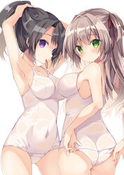  2girls adjusting_clothes adjusting_swimsuit armpits ass bad_id bad_pixiv_id barre black_hair blush breasts brown_hair closed_mouth commentary commission covered_navel green_eyes hair_ribbon hair_tie hair_tie_in_mouth highres long_hair looking_at_viewer medium_breasts mouth_hold multiple_girls old_school_swimsuit one-piece_swimsuit original pixiv_commission ponytail purinpurin purple_eyes ribbon school_swimsuit see-through sideboob sidelocks simple_background standing swimsuit two_side_up tying_hair wet wet_clothes white_background white_one-piece_swimsuit 