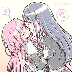  2girls artist_name blue_hair blush braid closed_eyes heart hug imminent_kiss kamihama_university_affiliated_school_uniform long_hair magia_record:_mahou_shoujo_madoka_magica_gaiden mahou_shoujo_madoka_magica multiple_girls nanami_yachiyo pink_hair sailor_collar school_uniform serafuku shirt smile spoken_heart studiozombie tamaki_iroha thought_bubble upper_body white_shirt yuri 