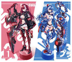  2girls armband armored_boots armpits arrow_(symbol) badge bare_shoulders belt black_gloves black_jacket black_panties blue_gloves blue_hair blue_jacket blue_rose boots bottle_cap breasts center_opening cleavage closed_mouth coca-cola commentary_request contrast crop_top full_body gloves groin hair_bun heirou high_collar high_heel_boots high_heels holding holding_sword holding_weapon honda_keisuke huge_weapon jacket large_breasts long_hair long_sleeves looking_at_viewer medium_breasts meme midriff miniskirt multicolored_hair multiple_girls navel off_shoulder open_clothes open_fly open_jacket original outstretched_arm panties pepsi pepsi_japan_cola_challenge_(meme) pepsiman pepsiman_(game) photoshop_(medium) recycling_symbol red_eyes red_hair shirt short_shorts shorts shoulder_tattoo sidelocks single_hair_bun single_side_bun skin_tight skirt sleeveless sleeveless_shirt sleeveless_turtleneck smile soda soda_bottle standing stomach strap sword tattoo thigh_boots thighhighs thighs tiger_&amp;_bunny turtleneck two-tone_hair two-tone_legwear underwear v-shaped_eyebrows weapon white_shirt white_shorts white_skirt zettai_ryouiki 