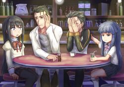  2boys 2girls akemi_homura bar_(place) black_hair black_legwear blue_hair blunt_bangs bow commentary crossover cup english_commentary furude_rika higurashi_no_naku_koro_ni jacket kneehighs lab_coat long_hair looking_to_the_side mahou_shoujo_madoka_magica mahou_shoujo_madoka_magica_(anime) mitakihara_school_uniform multiple_boys multiple_crossover multiple_girls natsuki_subaru okabe_rintarou pants pantyhose plaid plaid_skirt pleated_skirt re:zero_kara_hajimeru_isekai_seikatsu school_uniform second-party_source shirt short_hair sitting skirt socks steins;gate stool table track_jacket trait_connection very_long_hair white_legwear white_shirt zen_cross 