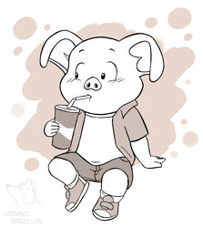  adriano_berjillos anthro beverage bottomwear clothed clothing domestic_pig dragon_ball drinking footwear male mammal oolong_(dragon_ball) open_clothing open_shirt open_topwear shirt shoes shorts slightly_chubby sneakers soda soda_cup solo suid suina sus_(pig) topwear 