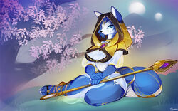  anthro blue_body blue_eyes bottomwear breasts canid canine clothed clothing digital_media_(artwork) female fox gem hair hi_res holding_object hood jewelry krystal_(star_fox) light loincloth looking_at_viewer mammal melee_weapon moon moonlight nintendo outside plant sky solo spirale staff star_fox topwear tree weapon 