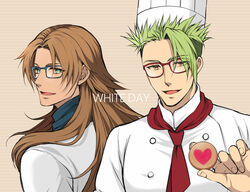  2boys achilles_(fate) bespectacled brown_hair chef chef_hat chiron_(fate) commentary_request fate/apocrypha fate/grand_order fate_(series) glasses green_eyes green_hair hat holding kanoumauma long_hair looking_at_viewer male_focus multiple_boys open_mouth smile toque_blanche white_day yellow_eyes 