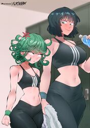  2girls anger_vein artist_name black_hair black_sports_bra bottle breast_envy breasts flytrapxx fubuki_(one-punch_man) green_eyes green_hair height_difference highres large_breasts looking_at_another medium_support_(meme) meme midriff multiple_girls navel one-punch_man patreon_logo patreon_username short_hair siblings sisters small_breasts sports_bra sweat sweatband tatsumaki toned towel water_bottle 