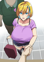  absurdres black_thighhighs blonde_hair blue_eyes blue_hair breasts female green_shirt hair_between_eyes hair_ornament handshake heart highres huge_breasts looking_at_viewer multicolored_hair non-web_source open_mouth pov purple_shirt shirt short_hair short_sleeves shorts solo_focus standing takeda_hiromitsu teeth thighhighs two-tone_hair upper_teeth_only x_hair_ornament 