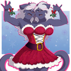  1:1 2_heads 3_breasts anthro black_body black_fur breasts christmas clothing dress duo evonallure felicia_(flafty) felid female fur hair holidays mammal mistletoe multi_breast multi_head open_mouth pink_eyes pink_nose plant santa_dress white_hair 